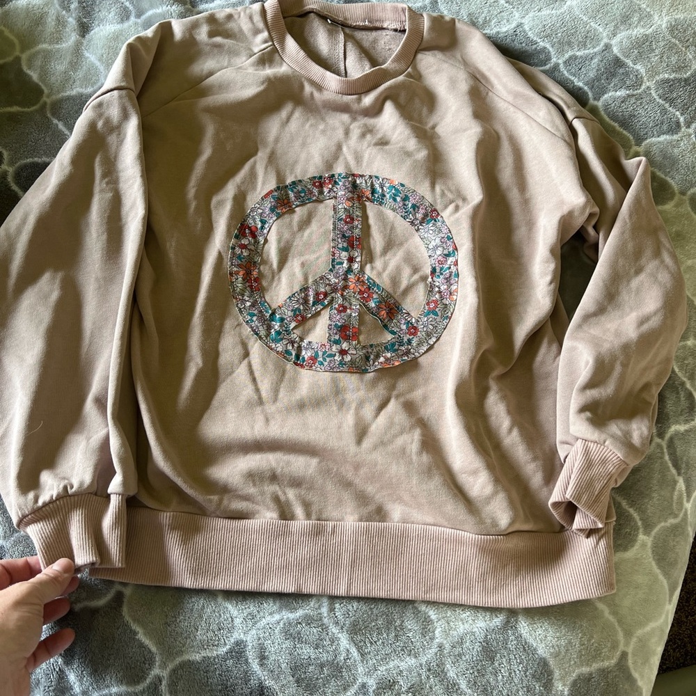 Tan Sweatshirt with Floral Peace Sign